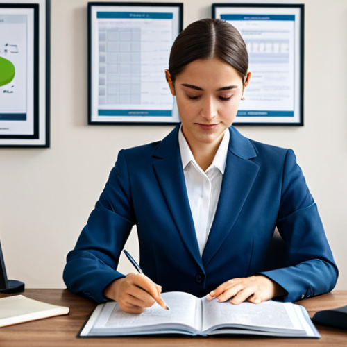 "A professional woman in a modest business suit, studying logistics textbooks at a desk, fully clothed, appropriate attire, safe for work, perfect anatomy, correct proportions, well-formed hands, proper finger count, natural body proportions, bright office environment, motivational posters in the background, professional, family-friendly."