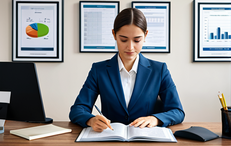 "A professional woman in a modest business suit, studying logistics textbooks at a desk, fully clothed, appropriate attire, safe for work, perfect anatomy, correct proportions, well-formed hands, proper finger count, natural body proportions, bright office environment, motivational posters in the background, professional, family-friendly."