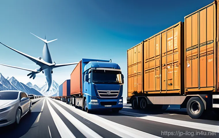 국제물류 실무에서 자주 쓰이는 용어 - A wide-angle, vibrant, and dynamic illustration of a global logistics network. In the foreground, a ...