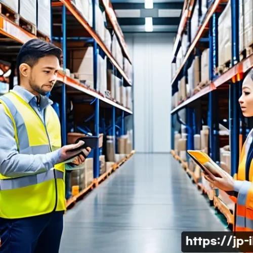 국제물류관리사 시험 중점 과목 해설 - A modern warehouse interior bustling with activity, featuring workers in uniforms and safety gear ef...