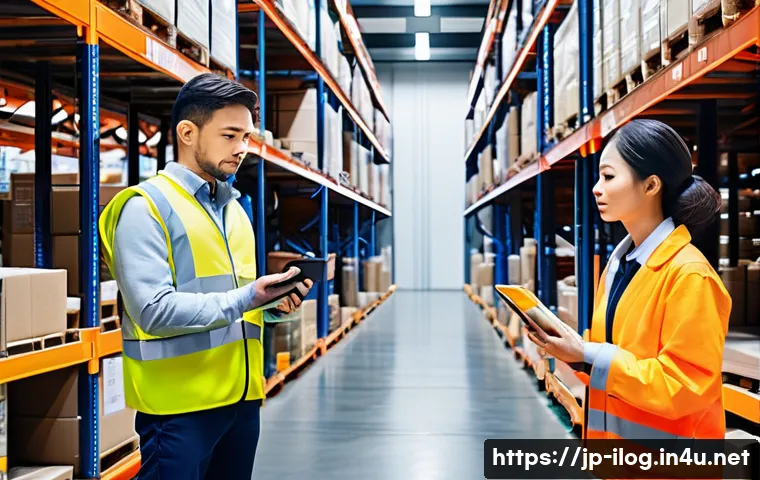 국제물류관리사 시험 중점 과목 해설 - A modern warehouse interior bustling with activity, featuring workers in uniforms and safety gear ef...