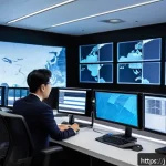 국제물류관리사 시험 난이도 분석 - A modern international logistics control room with professionals in business casual attire analyzing...