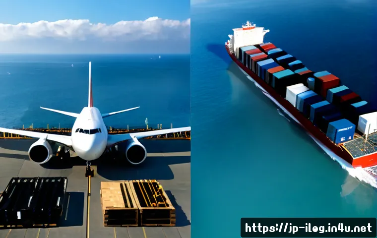 항공 물류와 해상 물류 비교 - Photorealistic split-scene comparison of air freight and ocean freight: a large cargo airplane being...